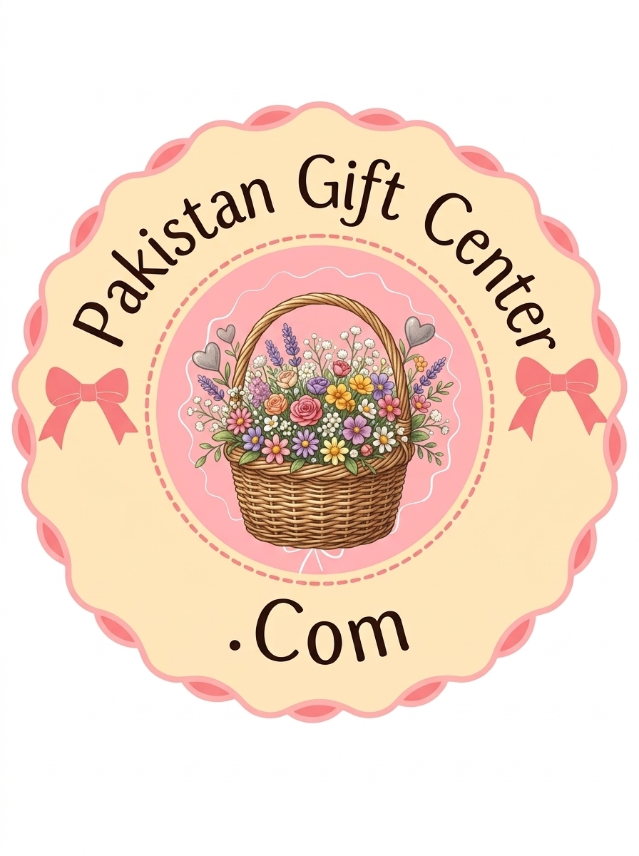A circular vintage-style logo for Pakistan Gift Center.Com featuring an elegant center illustration of a teacup, flowers, a leather journal, and a small globe against a dark green backdrop, surrounded by a light cream scalloped border with pink satin bows.